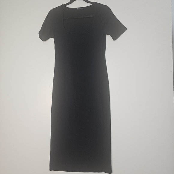 Zara Womens Short Sleeve Square Neck Ribbed Bodycon Dress Black Size Large - Picture 6 of 8